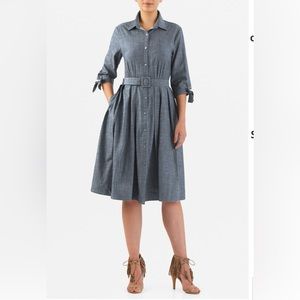 Tie sleeve cotton chambray shirt dress with pockets